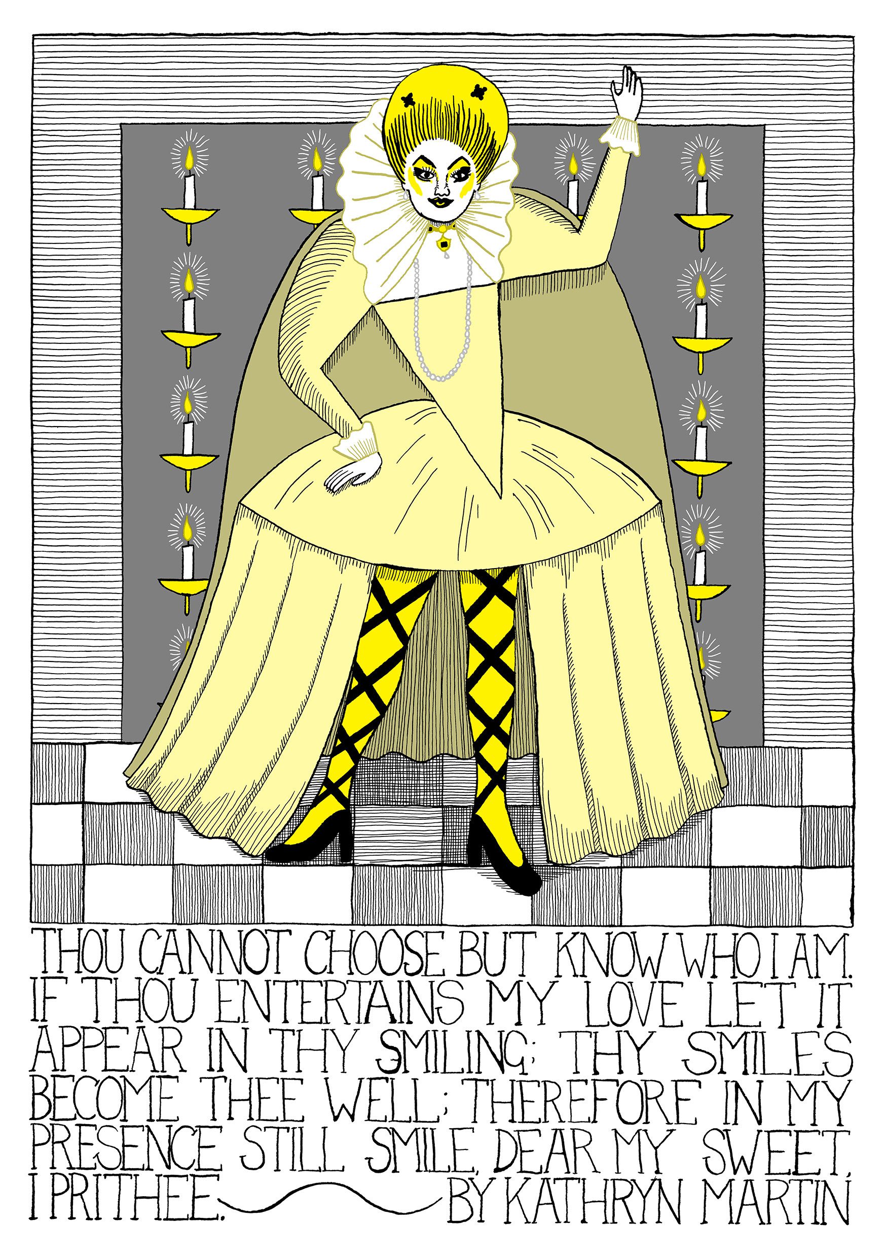 Image of artwork by Kathryn Martin, featuring the character Malvolio from the play, Twelfth Night, in drag. 