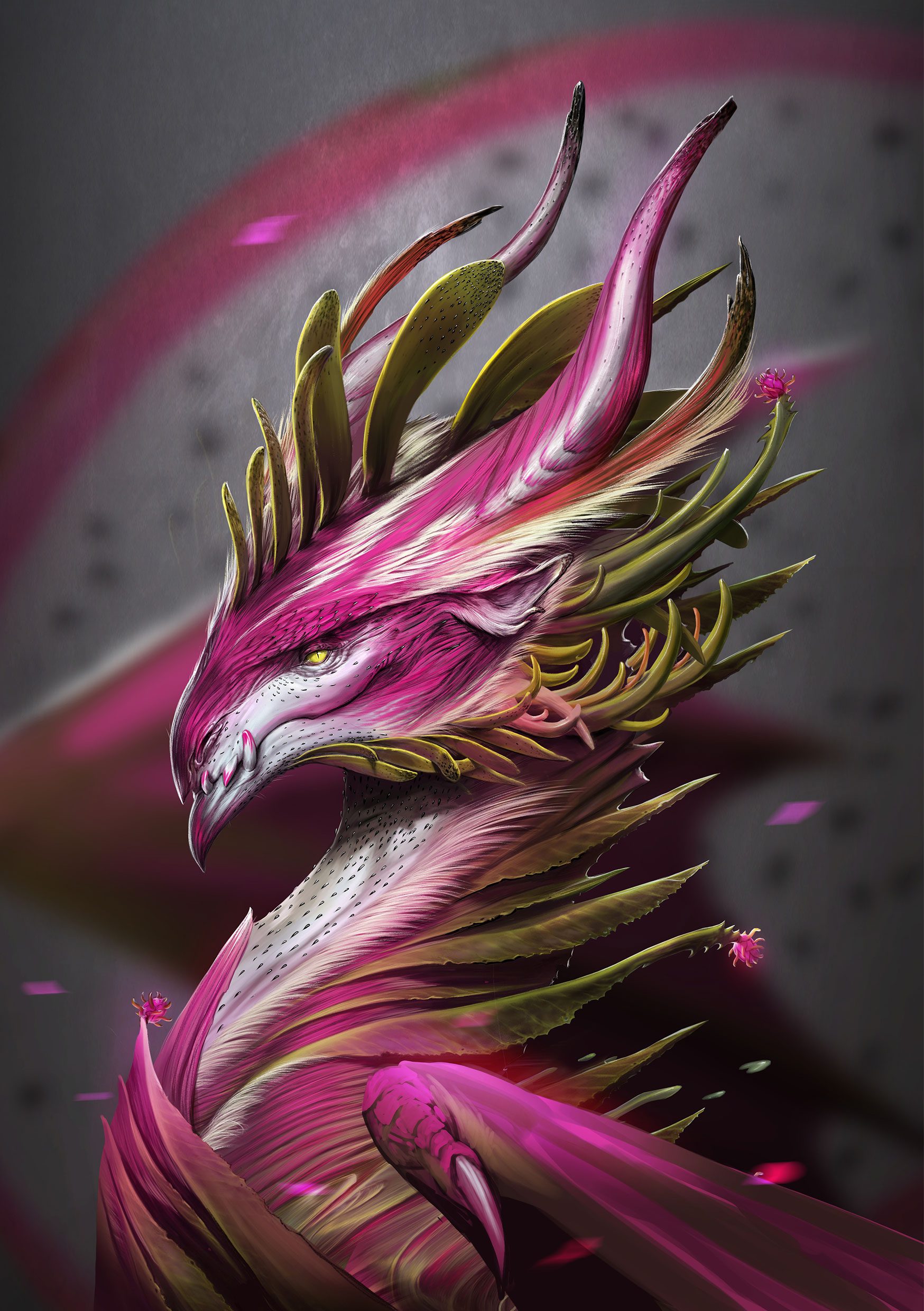 Artwork of a dragonfuit styled dragon, by Andrea Moisescu.